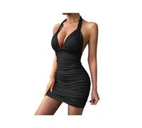 KWTF Robe de soirée Sexy à Volants, décolleté en V Profond, Courte, col Licou, Rouge, pour Femmes, Moulante, Mini Robe de Club, vêtements de Club, été