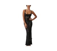 KWTF Robe Maxi Transparente en Dentelle pour Femmes, élégante, Sexy, Bretelles Spaghetti, Moulante, Robes de soirée de Mariage, Noire, Longue Fendue, été
