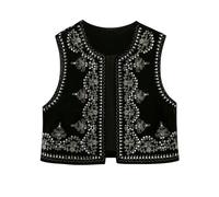 KWTF Vintage automne velours broderie gilet vestes femmes col en V sans manches noir gilets femme mode Mujer hauts