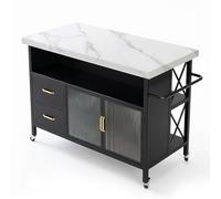 Kx9Lb8d Îlot de Cuisine Multifonctionnel Chariot de Rangement Mobile en métal for îlot Cuisine Roulant avec Dessus Pierre, Armoire à tiroirs Meubles(Noir,Grand)
