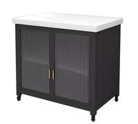 Kx9Lb8d Îlot de Cuisine Multifonctionnel Îlot de Cuisine Roulant avec Armoire Rangement en métal Porte Verre cannelé et Dessus Pierre frittée Meubles(Noir,Grand)