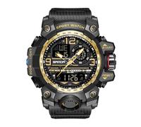 KXAITO Montre de sport militaire étanche pour homme avec affichage de la date et affichage LED, alarme, chronomètre, noir/doré, Large, Militaire