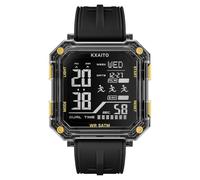 KXAITO Montre de sport numérique, boîtier carré 43 mm, double affichage de l'heure, étanche 5 ATM, alarme, chronographe, chronomètre, bracelet en gel de silice, noir/doré, Numérique