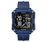 KXAITO Montre de sport numérique, boîtier carré 43 mm, double affichage de l'heure, étanche 5 ATM, alarme, chronographe, chronomètre, bracelet en gel de silice, bleu, Numérique