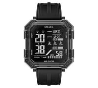 KXAITO Montre de sport numérique, boîtier carré 43 mm, double affichage de l'heure, étanche 5 ATM, alarme, chronographe, chronomètre, bracelet en gel de silice, noir, Numérique