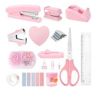 KXVXXV Ensemble d'accessoires de bureau rose avec perforatrice, ciseaux, dérouleur de ruban adhésif, agrafeuse, gomme, clip, notes adhésives