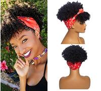 KXW Perruques Bandeau Rouge pour Femmes Noires, Perruque Afro bouclée crépus bouclés, 2 en 1 Perruque Bandeau Cheveux Chignon Turban synthétique Haute bouffée Perruque (Bandeau Rouge Perruque Noire)