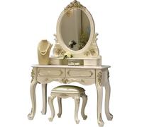 KXWOQ3ED Coiffeuse avec Miroir Vintage, Table de Maquillage pour Chambre à Coucher avec Miroir Sculpté de Roses, 4 Tiroirs et Tabouret Rembourré pour Femmes(86x48x160cm)