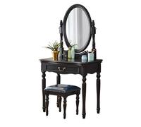 KXWOQ3ED Table de Maquillage de 80 cm, Coiffeuse de Chambre avec Miroir Ovale, Tabouret Rembourré et Tiroir de Rangement pour Filles et Femmes(Black)
