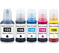 KYAOAYO-105 106 Encre Compatible Avec 105 106 Bouteille D'Encre Multipack Pour Epn L-7160 L-7180 Et-7700 Et-7750 (5-Pack, Noir/Noir Photo/Cyan/Magenta/Jaune)