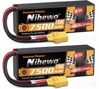 KYAOAYO-Lot De 2 Batteries Lipo 3S 11,1 V 7500 Mah 100C 3S Boîtier Rigide Lipo Connecteur Xt90 Compatible Avec Les Camions De Voiture Rc 1/8 1/10, Les Véhicules Truggy, Les Modèles D'Avions De