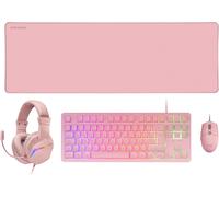KYAOAYO-Mcp-Rgb3, Ensemble Clavier Gaming Fixe Rgb + Souris Gaming Rgb Flow 3200 Dpi + Casque Over-Ear Rgb + Tapis De Souris Xxl, Rose, Langue Portuga