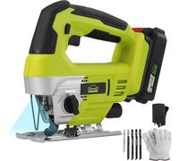 Kyaoayo-Scie Sauteuse Sans Fil 20v,Vendue Avec Batterie 2,0 Ah, Chargeur Et Coffret Gants,5pcs Lames,Action Orbitale À 4 Positions Avec Jeu De, 0-45° Coupe En B Au, Changement De Lames Rapide
