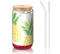 Kycvds Tasses en verre avec couvercles et pailles en bambou pour impression d'ananas, bouteilles d'eau de 473 ml, bocaux en verre, bière, glace, café