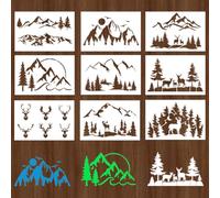 KyeeaDIY Pochoir de montagne pour la peinture sur bois, 9 pièces réutilisables cerf pochoirs arbre dessin modèles pour la combustion du bois meubles mur tissu fenêtre bricolage artisanat