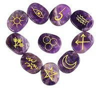 KYEYGWO 10pcs Améthyste Pierre de Rune pour Divination Décoration Méditation, Reiki Pierre Précieuse Gravée Symbole Runique Cristaux