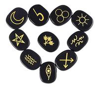 KYEYGWO 10pcs Obsidienne Noire Pierre de Rune pour Divination Décoration Méditation, Reiki Pierre Précieuse Gravée Symbole Runique Cristaux