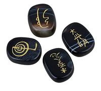 KYEYGWO 4pcs Reiki Pierre de Rune pour Divination Décoration Méditation, Symbole Chakra Pierre Précieuse Gravée Runique Cristaux de Guérison, Agate Noire