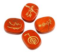 KYEYGWO 4pcs Reiki Pierre de Rune pour Divination Décoration Méditation, Symbole Chakra Pierre Précieuse Gravée Runique Cristaux de Guérison, Jasper Rouge