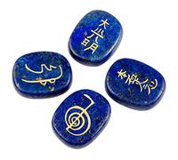 KYEYGWO 4pcs Reiki Pierre de Rune pour Divination Décoration Méditation, Symbole Chakra Pierre Précieuse Gravée Runique Cristaux de Guérison, Lapis Lazuli
