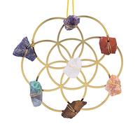 KYEYGWO 7 Chakra Fleur de Vie Ornement Suspendu, Reiki Géométrie Sacrée Grille Cintre Mural avec Pierre de Cristal Brut Naturelle pour la Décoration de Bureau à Domicile