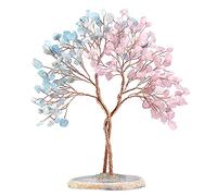 KYEYGWO Aigue-Marine Quartz Rose Arbre Concentrique sur Base de Tranche d'agate, Arbre d'argent en Cristal Fait à la Main, Ornement d'amour, Décoration de Bonsaï Feng Shui, Arbre de Fortune en Pierre