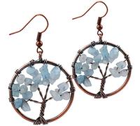 KYEYGWO Arbre de Vie Boucles d'Oreilles Pendantes pour Femme, Chakra Pendants d'Oreilles en Pierre de Cristal 3.6"-4", Aquamarine