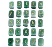 KYEYGWO Aventurine Verte Ensemble de Pierres Runiques Ornement avec Gravure Golden Elder Futhark Alphabet Symbole pour la Divination et l'amulette, Reiki Pocket Stone, Thumb Stones, 25 pièces