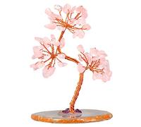 KYEYGWO Décoration Arbre de Vie en Pierre Naturelle d'Énergie, FengShui Figurine sur Tranche d'Agate pour Reiki Chakra Guérison Fortune Richesse Santé, Quartz Rose/3 Branches