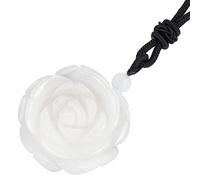 KYEYGWO Gravé Fleur Rose Collier en Pierre pour Femmes, Protection Pendentif avec Cord Réglable en Nylon, Jade Blanc