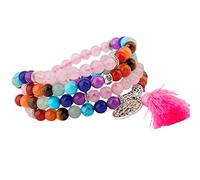 KYEYGWO Mala Bracelet Perlé en Pierre Cristal Précieuse, Rondes Bouddhistes 108 Perles Collier Élastique pour Femme et Homme, Quartz Rose/7 Chakra
