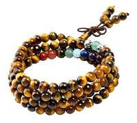 KYEYGWO Mala Bracelet Perlé en Pierre Cristal Précieuse, Rondes Bouddhistes 108 Perles d'Energie Collier Élastique pour Femme et Homme, Oeil de Tigre/7 Chakras
