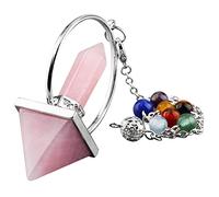 KYEYGWO Pendule Divinatoire Radiesthésie en Pierre d'Énergie, Reiki Pyramide Prisme Hexagone Pendentif avec Chaîne 7.5", 7 Chakra Perles, Quartz Rose