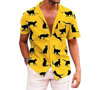 KYKU Chemise hawaïenne d'été boutonnée à Manches Courtes pour Homme Motif Tropical, Chat Jaune, Taille L