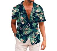 KYKU Chemise hawaïenne d'été boutonnée à Manches Courtes pour Homme Motif Tropical, Vert Flamant Rose, Taille L