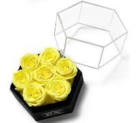 Kylin Glory Roses préservées avec couvercle hexagonal en acrylique - 7 fleurs éternelles, fraîcheur visible, parfaites pour les mères et les cadeaux de Saint-Valentin (jaune)