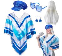 Kyndara Déguisement Abba 5 pièces pour femme, ensemble d'accessoires disco des années 70 avec poncho, chapeau, perruque, boucles d'oreilles, lunettes pour adultes, fête à thème rétro années 70, danse