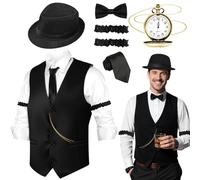 Kyndara Ensemble d'accessoires de costume de gangster classique vintage des années 1920 pour homme avec gilet, chapeau, cravate, brassard, montre de poche et nœud papillon pour fête à thème rétro