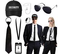 Kyndara Lot de 6 accessoires de déguisement d'agent, service de sécurité secrète avec chapeau espion, oreillettes, lunettes de soleil, fermeture éclair pré-nouée, attaches, anneau pour carte