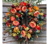 KyneLit Couronne d'automne artificielle pour porte d'entrée, citrouille, rose, branches de baies, feuilles mélangées, couronne de porte d'automne pour Halloween, Thanksgiving, décoration intérieure et