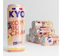 KYO Lot de 8 Canettes Kombucha Pêche Baies de Sureau bio - Pétillant - faible en sucre - sans alcool et artisanal - 33 cl