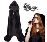 KYOEOE Cape Noire d'Halloween avec Masque Set, 140/150/170cm, Femme, Cape de Velours avec Capuche Vampire ou Dark Vador, Médiévale pour Halloween, Mardi Gras, Fêtes, Mascarade