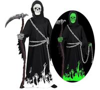 KYOEOE Costume Faucheur Enfants avec faux & chaîne de taille,Deluxe Glow in The Dark Halloween Costume Garçons Faucheur Effrayant Grim Reaper Costume pour Halloween Carnaval Fancy Dress