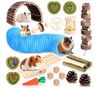 Kyouki Hamster Toys Ensemble de jouets pour cochon d'Inde avec tunnel, bois de pommier à mâcher et foin de Timothy naturel - Jouets à mâcher pour petits animaux - Plus de 24 accessoires de cage pour
