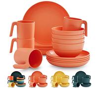 Kyraton Plastic Dinnerware Set of 16 Pieces, Unbreakable And Reusable Light Weight Plates Mugs Bowls Dishes Easy to Carry And Clean Microwave Safe BPA Free Dishwasher Safe Service For 4 (Orange)