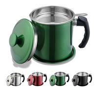 Kyraton Récipient à graisse de bacon avec passoire, 1.4 l, en acier inoxydable, revêtement vert, poignée facile à saisir, convient pour stocker l'huile à frire et la graisse de cuisson