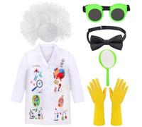 Kyson Costume de scientifique fou pour enfants - 6 pièces - Manteau de laboratoire et lunettes - Perruque, gants, nœud papillon et loupe - Déguisement d'Halloween - Ensemble A