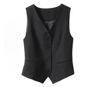 KYUERWK Blazer Sans Manche Femme,Gilet Entièrement Doublé pour Costumes De Fête pour Femmes, Haut Court Sans Manches À Col En V et Boutons, Élégant, Slim, Style Rétro, Noir, Taille L