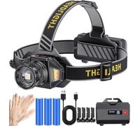 KZK Lampe frontale LED rechargeable super lumineuse 250 000 lumens zoomable 3 sources de lumière (source de lumière blanche/jaune/rouge) Torch avec 12 modes, étanche IP67, capteur réglable à 90° pour