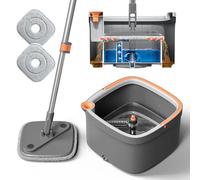 KZKR Ensemble serpillère rotative et Seau avec 2 Coussinets de vadrouille en Microfibre et système d’Auto-séparation de l’Eau Sale et Propre, tête carrée rotative à 360°, pour parquets, carrelage